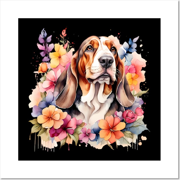 A basset hound decorated with beautiful watercolor flowers Wall Art by CreativeSparkzz